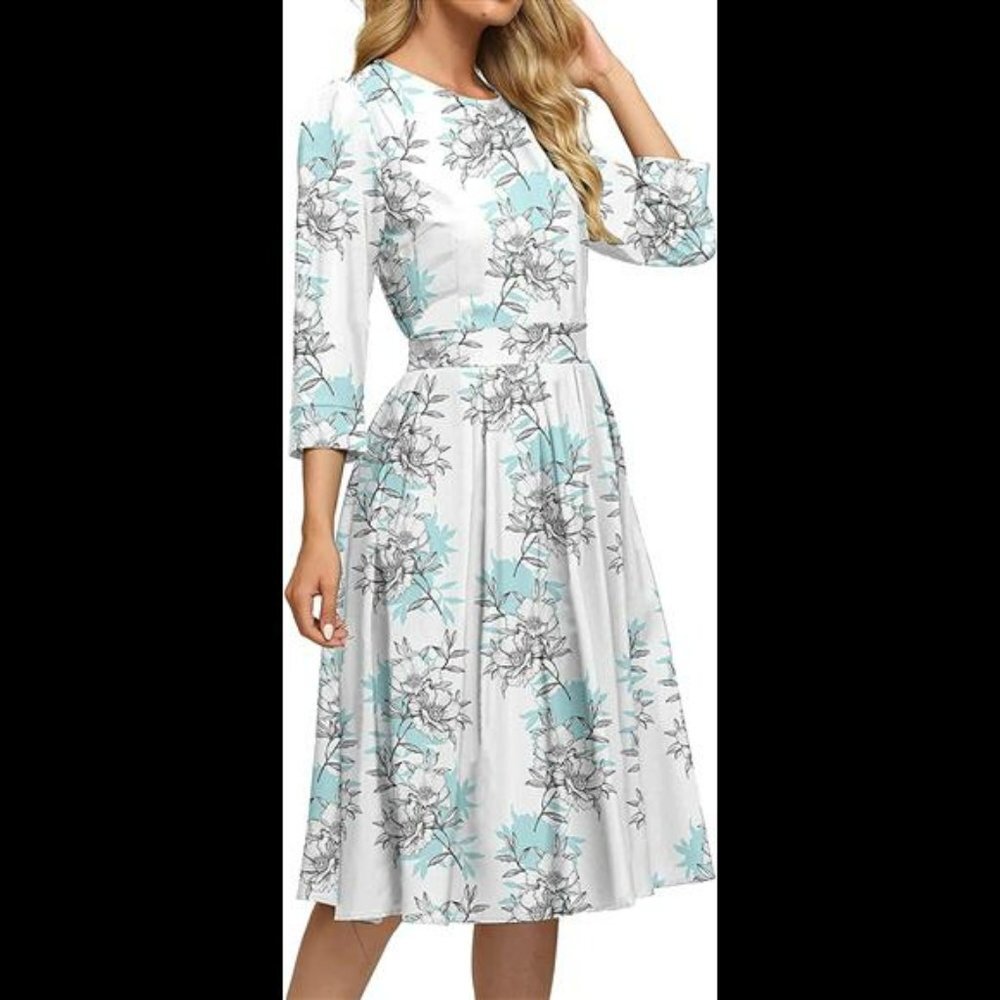 Women's Floral Vintage Dress Elegant Midi Evening Dress 3/4 Sleeves